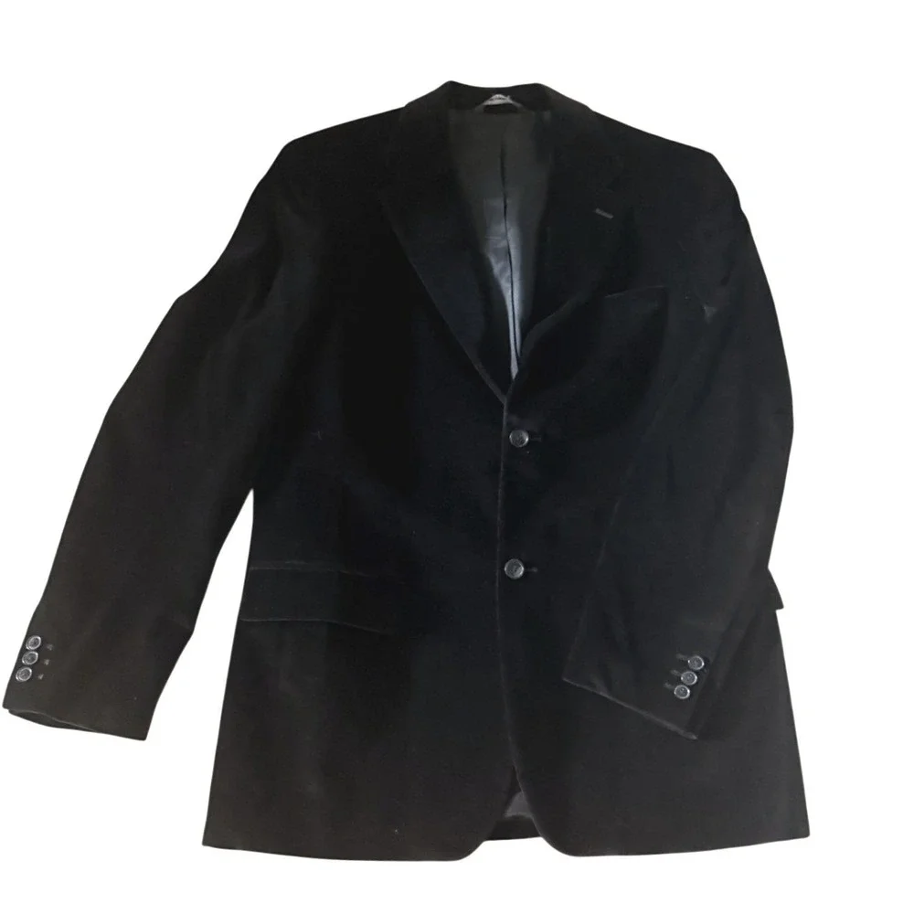 Perry Ellis Mens Velvet Two-Button Blazer Jacket 42 Reg Black Cotton Formal Luxe